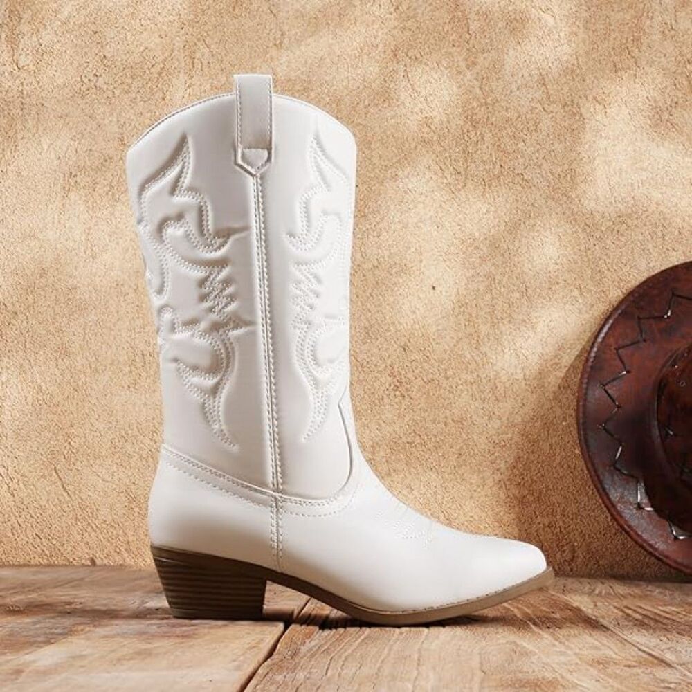 Women White Pointed Toe Faux Leather Mid-Calf Classic Comfort Casual Boots - Picture 3 of 6